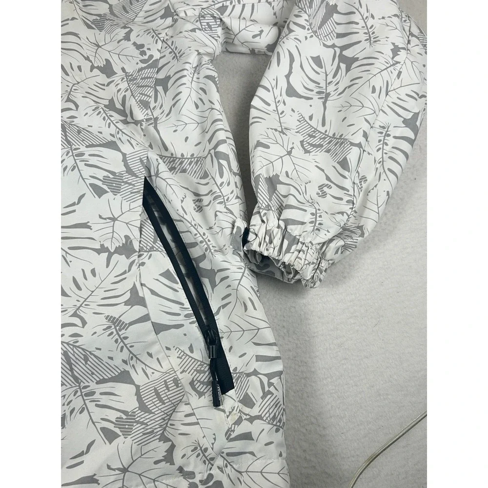 Explore S Windbreaker Kids Size M Grey White Tropical Leaf Print Rain Jacket